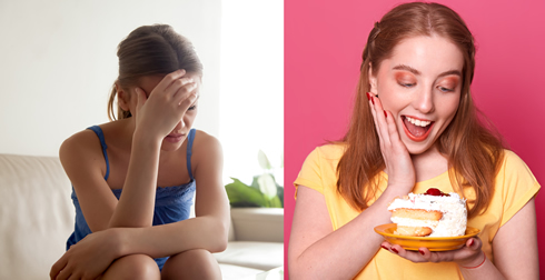  Tied sitting woman and woman happily looking at slice of cake