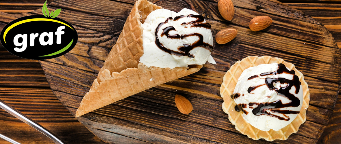 ice-cream cones with carob cream graf on the top and almond nuts