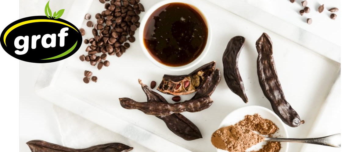 carob fruit with seeds, carob flour, carob granules, carob molasses